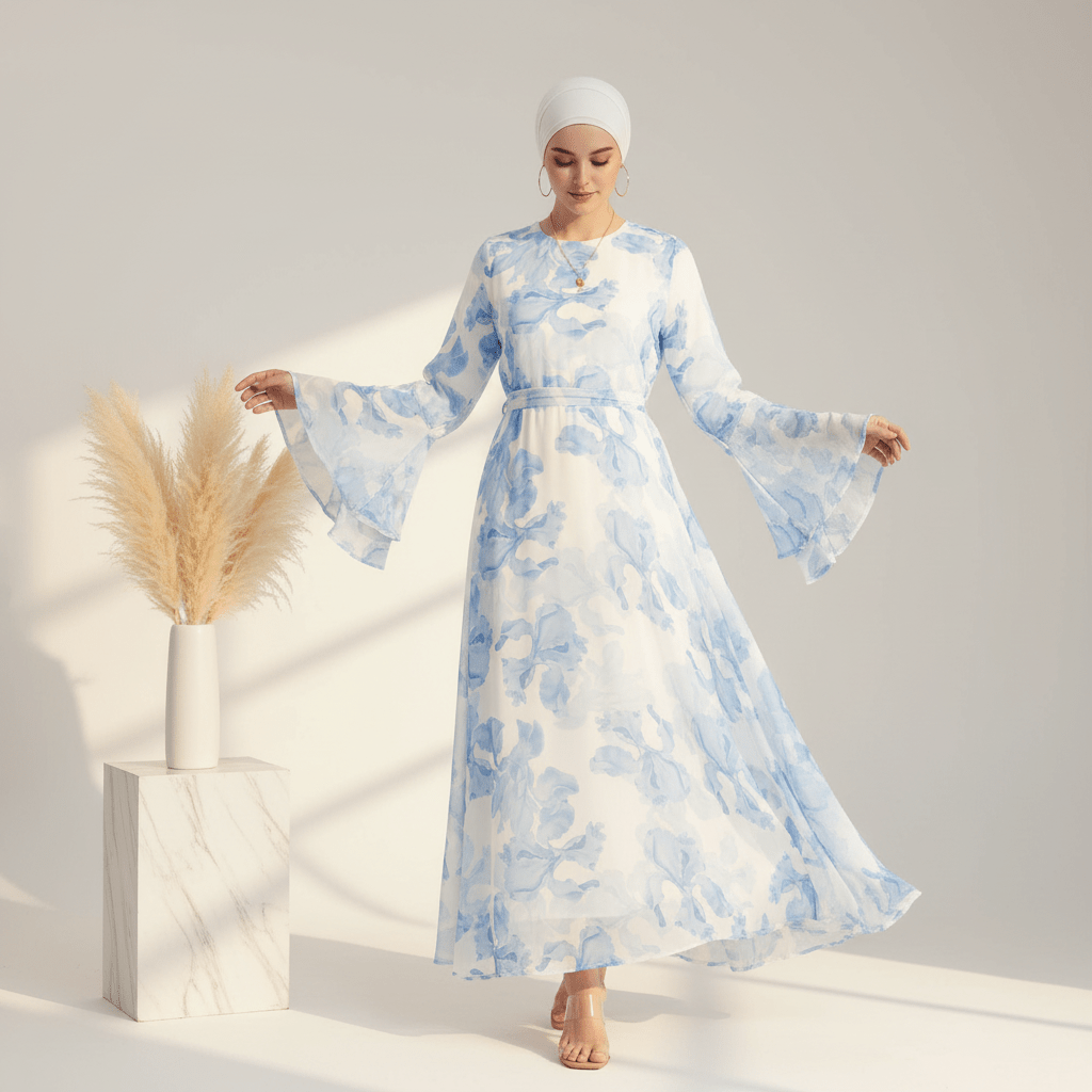Blossom Printed Chiffon Abaya | Flared Sleeve Abaya (MA149) - Mariam's Collection
