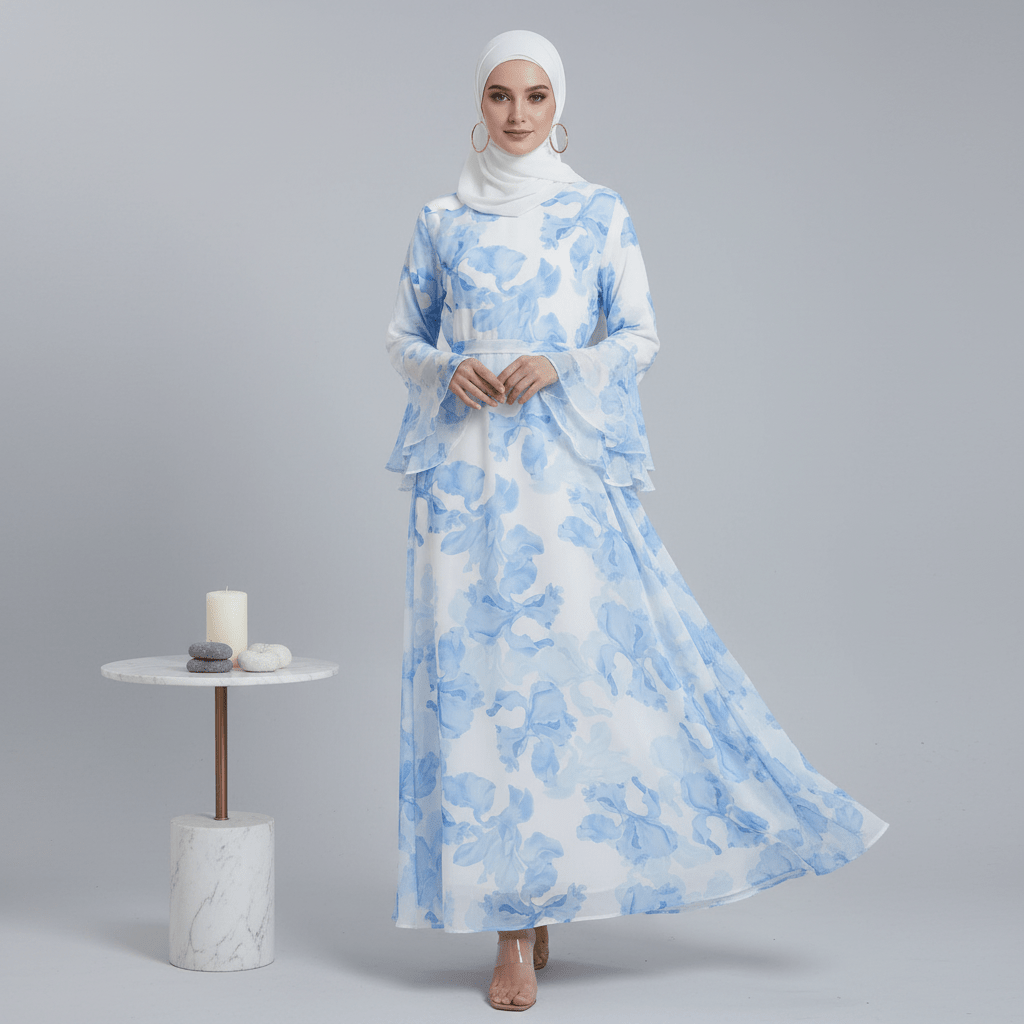 Blossom Printed Chiffon Abaya | Flared Sleeve Abaya (MA149) - Mariam's Collection