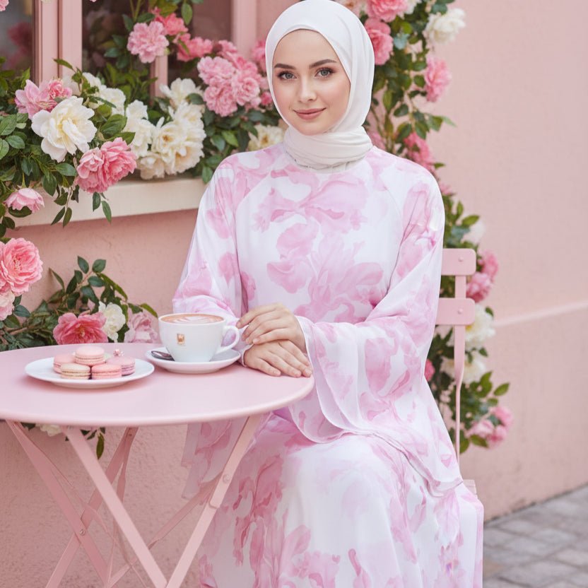 Blossom Printed Chiffon Abaya | Flared Sleeve Abaya (MA149) - Mariam's Collection