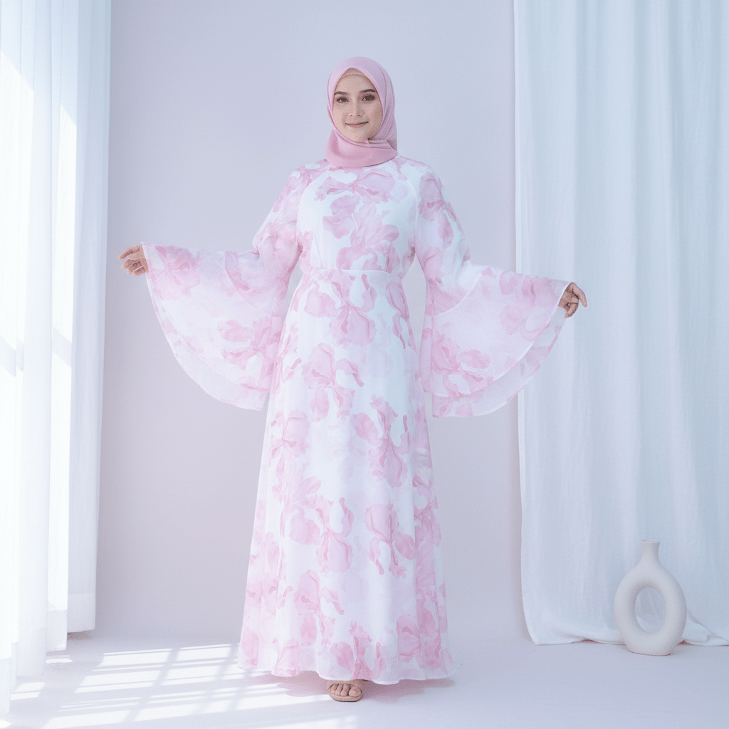 Blossom Printed Chiffon Abaya | Flared Sleeve Abaya (MA149) - Mariam's Collection