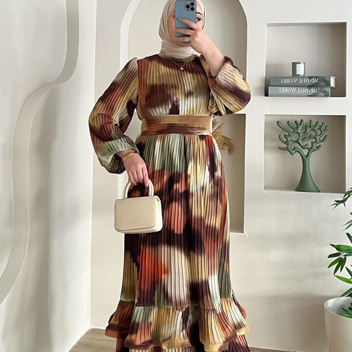 Bohemian Earth-Tone Maxi Dress Long Sleeve Crew Neck Pleated Dress (MA237) Suit color / S Bohemian Earth-Tone Maxi Dress Long Sleeve Crew Neck Pleated Dress (MA237) Suit color / S