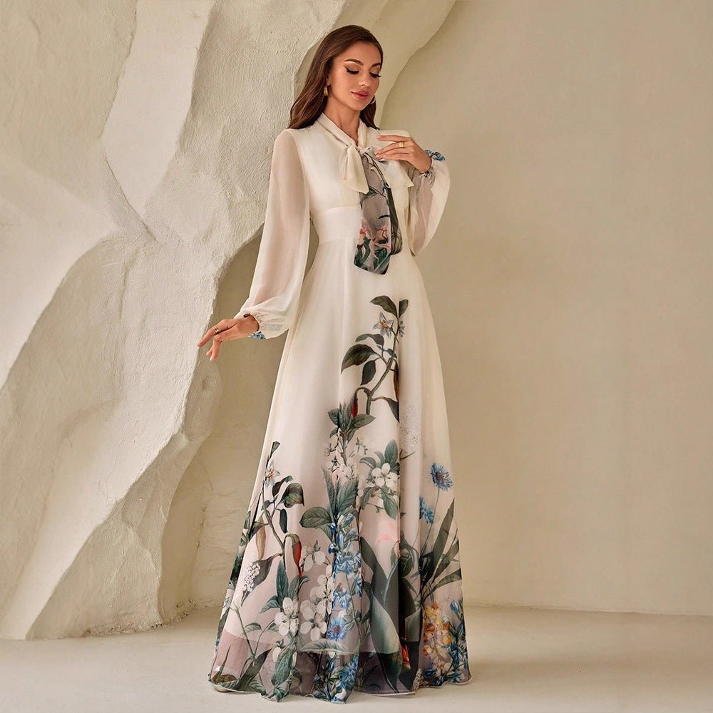 Botanical Print Maxi Dress with Tie Neck(MS369) - Mariam's Collection