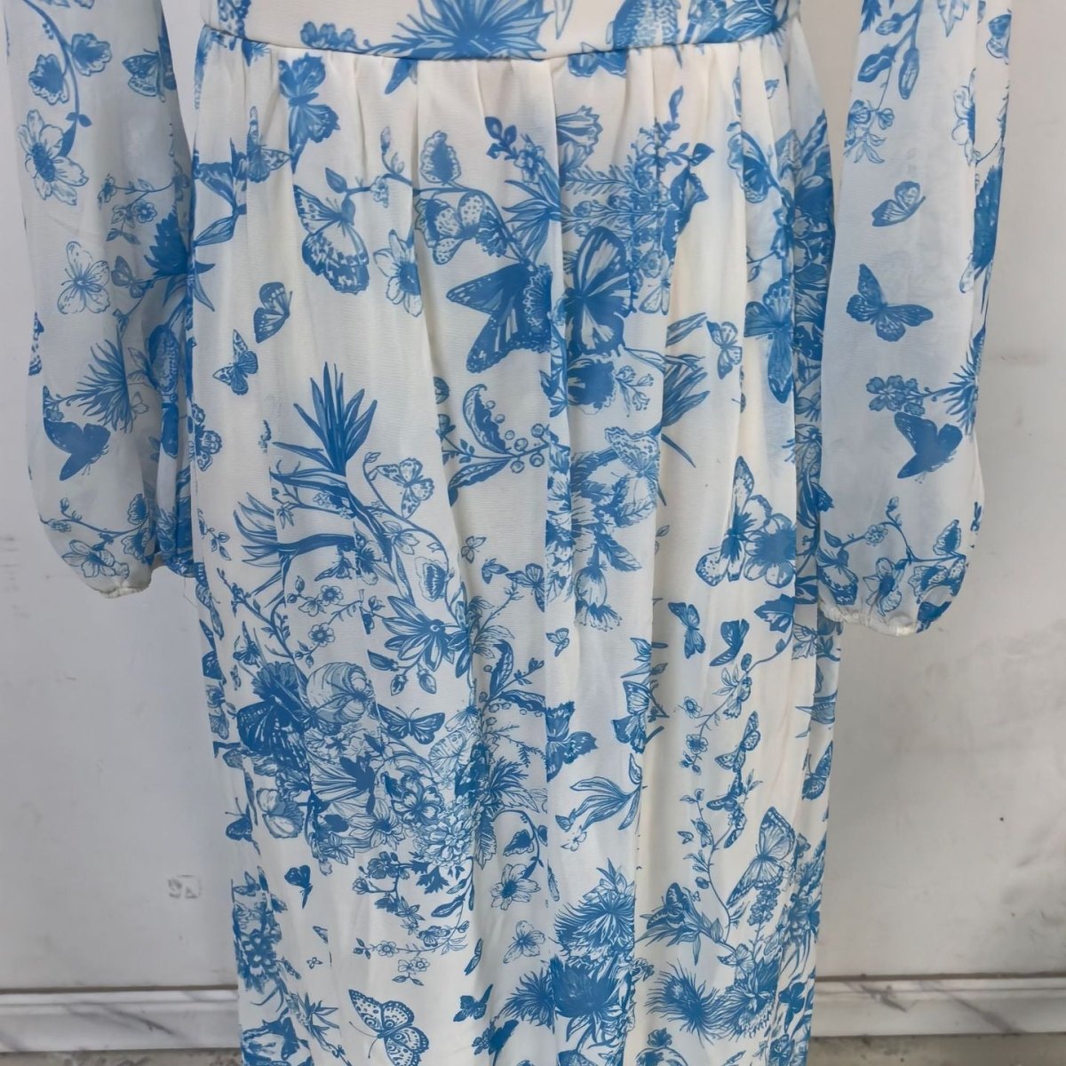 Botanical chinoiserie maxi dress with romantic flowing design