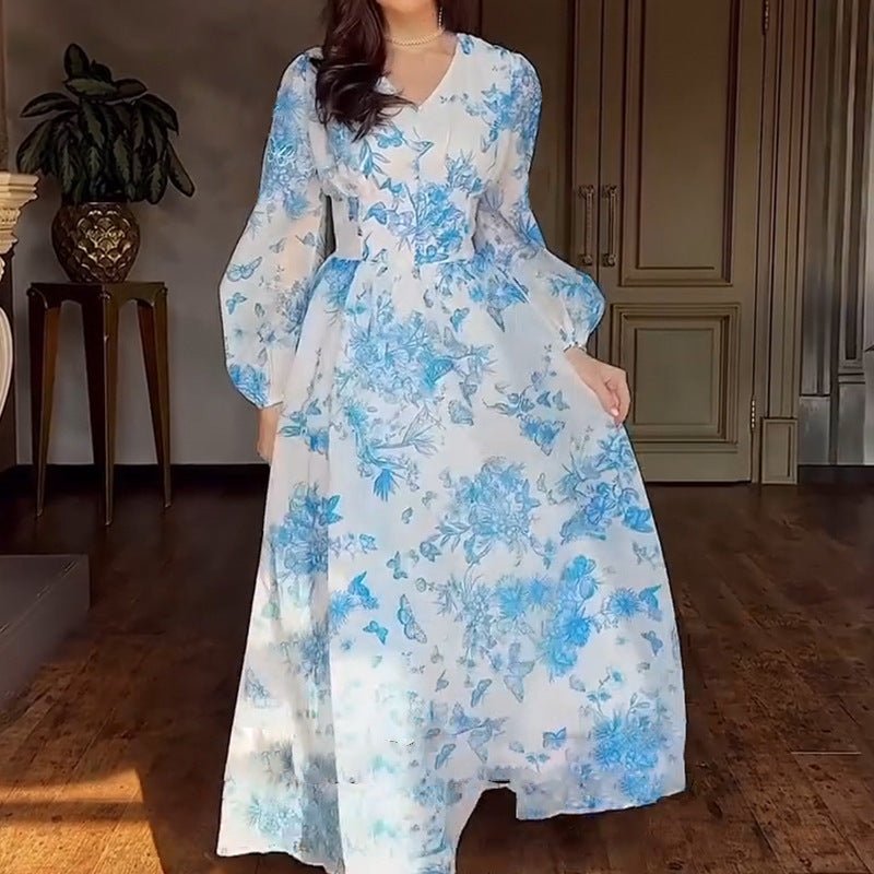 Botanical Print Maxi Dress Chinoiserie Floral Modest Gown Blue / XXL Botanical Print Maxi Dress Chinoiserie Floral Modest Gown Blue / XXL