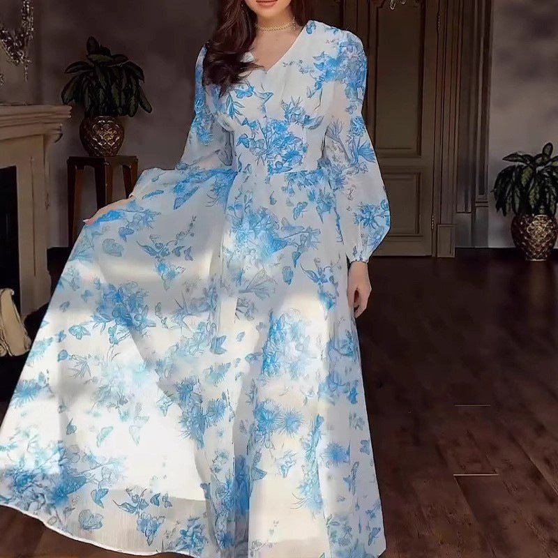 Botanical print maxi dress in blue with chinoiserie-inspired floral pattern