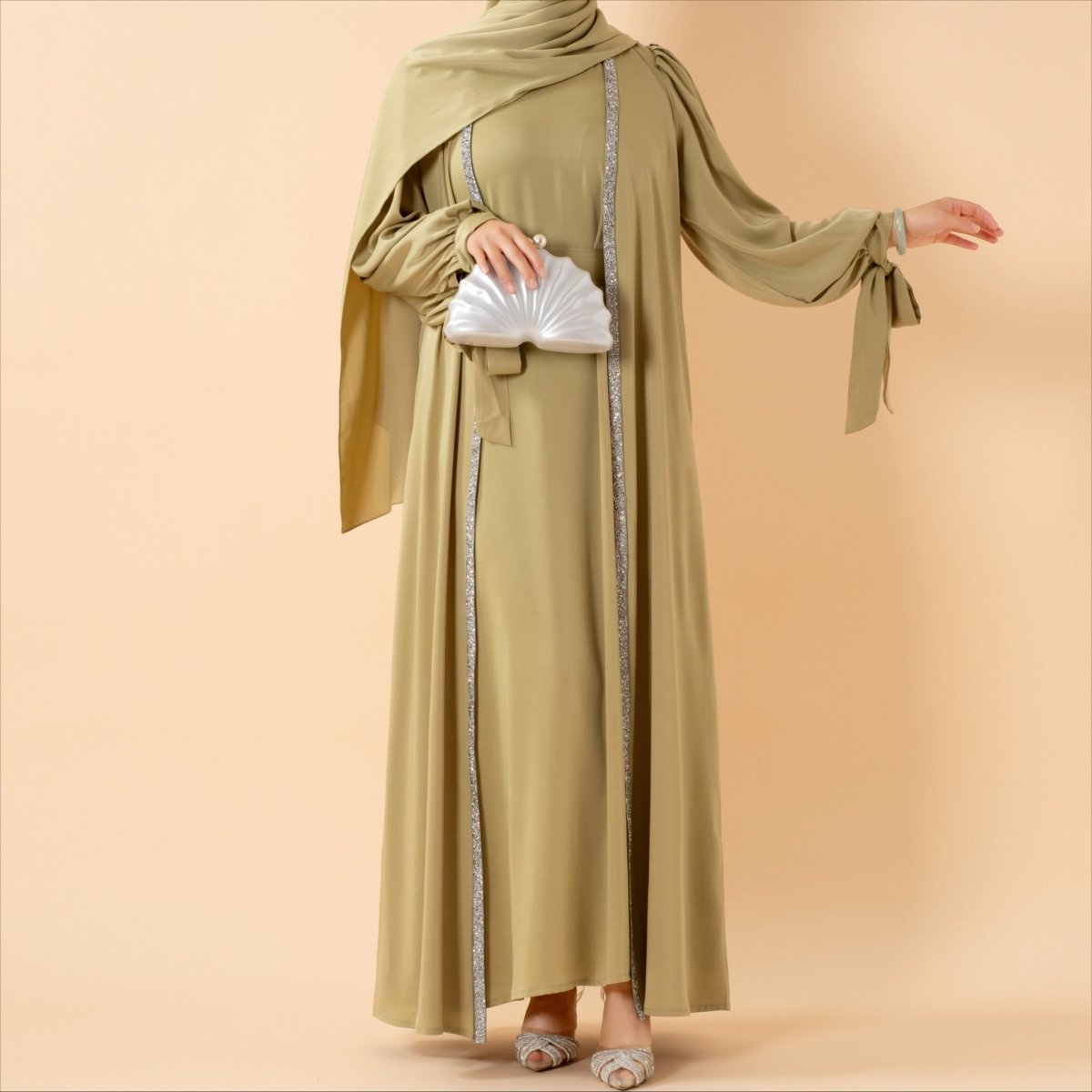 Bow Tie Sleeve Abaya Set With Long - sleeve Inner Dress (MOA026) - Mariam's Collection