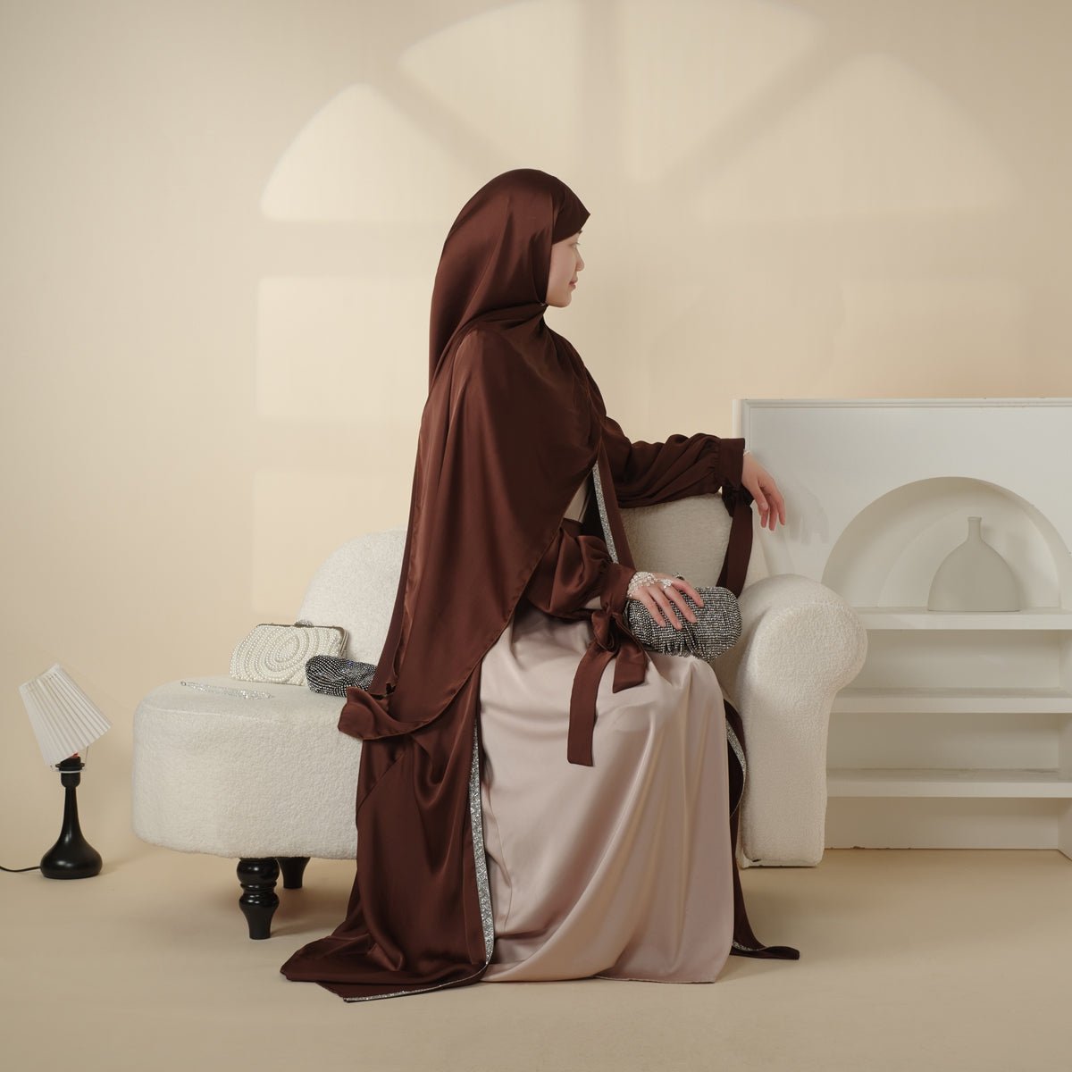 Bow Tie Sleeve Abaya Set With Long - sleeve Inner Dress (MOA026) - Mariam's Collection