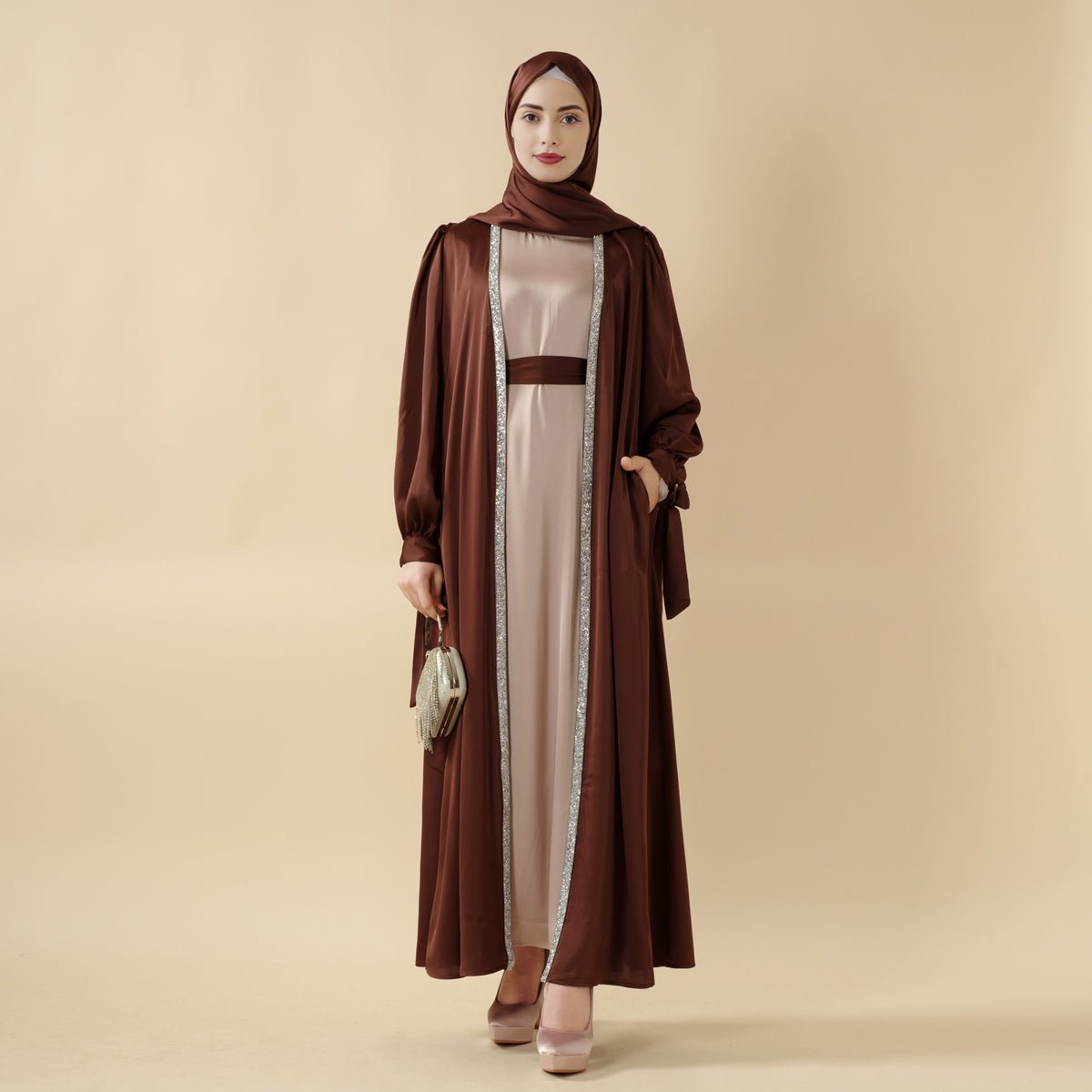 fitted lace wedding dress Bow Tie Sleeve Abaya Set with Long-Sleeve Inner Dress Brown / M