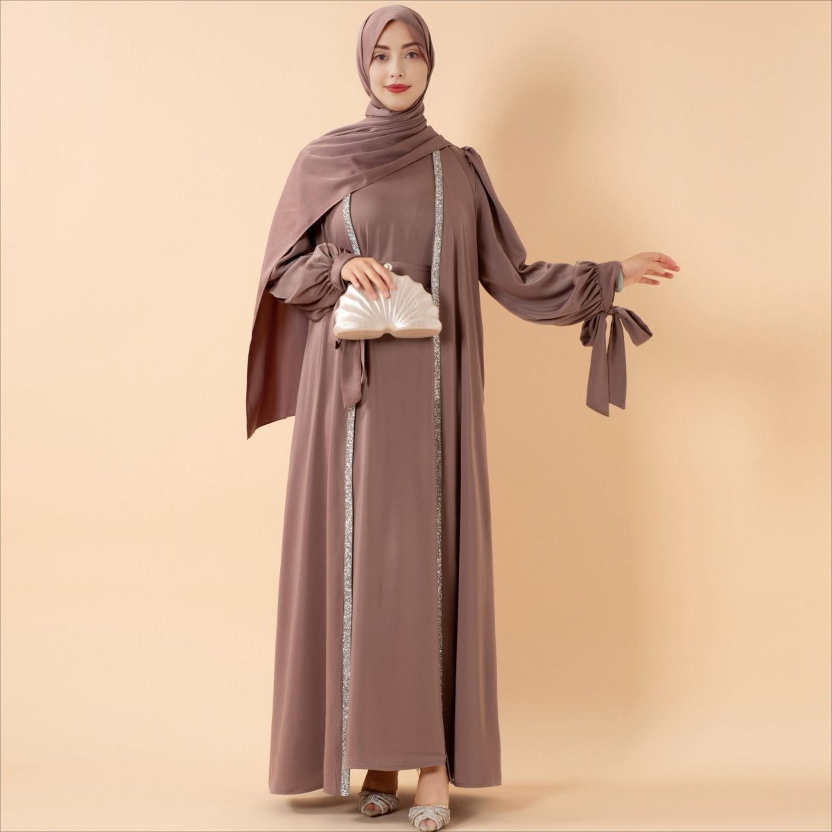 Bow Tie Sleeve Abaya Set With Long - sleeve Inner Dress (MOA026) - Mariam's Collection