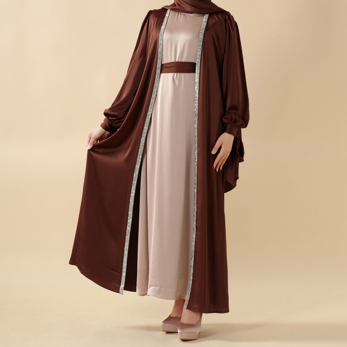 Bow Tie Sleeve Abaya Set With Long - sleeve Inner Dress (MOA026) - Mariam's Collection