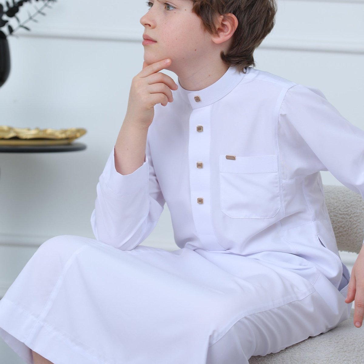 Boys' Classic White Thobe with Stand Collar(MKB027) - Mariam's Collection