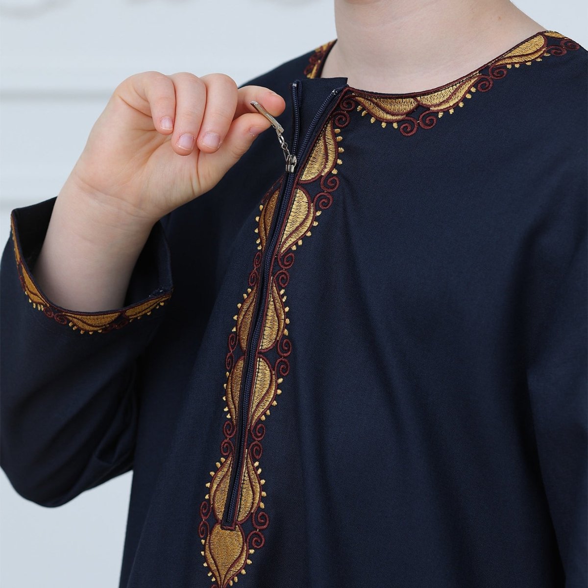 Boys Embroidered Thobe with Gold Trim(MKB017) - Mariam's Collection