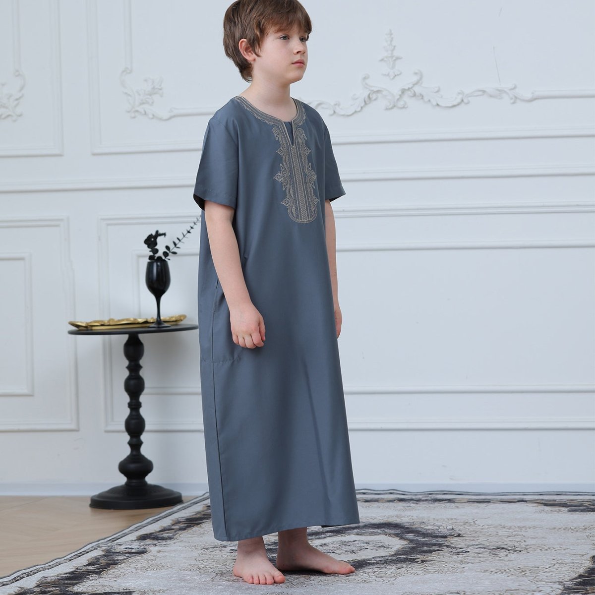 Boys' Embroidered Thobe with Side Pockets(MKB029) - Mariam's Collection