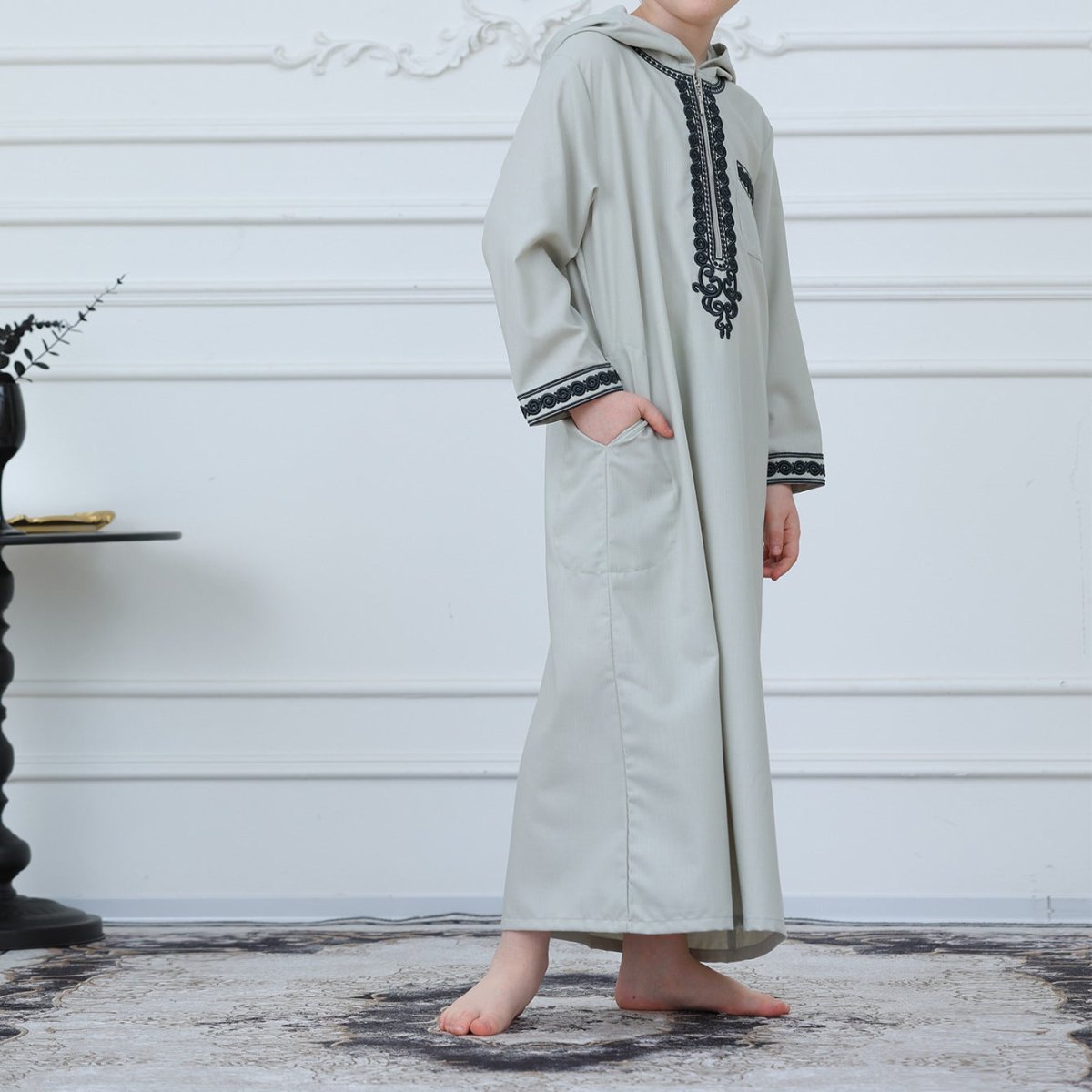 Boys' Hooded Embroidered Thobe with Pockets(MKB030) - Mariam's Collection