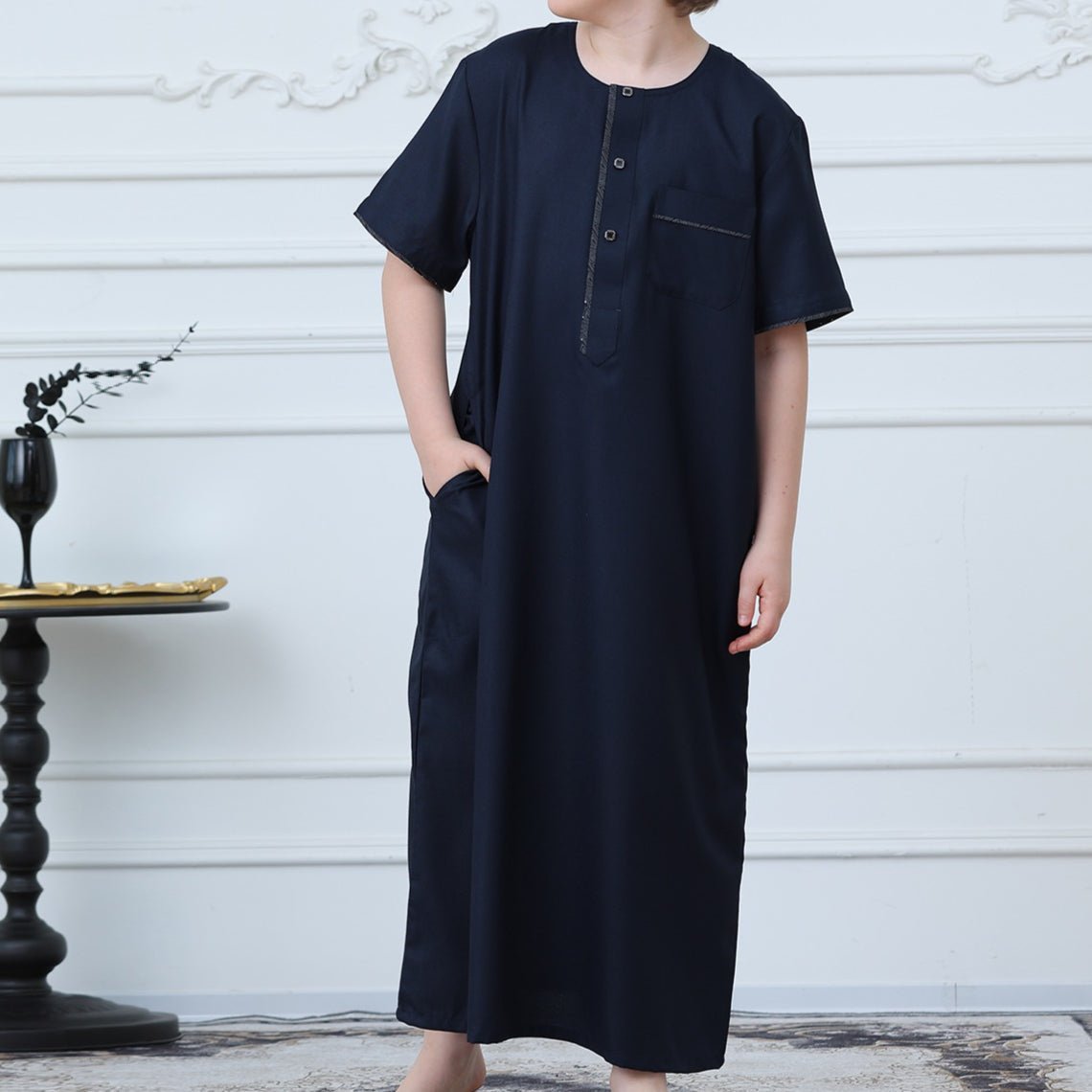 Boys Navy Short Sleeve Thobe with Chest Pocket (MKB022) - Mariam's Collection