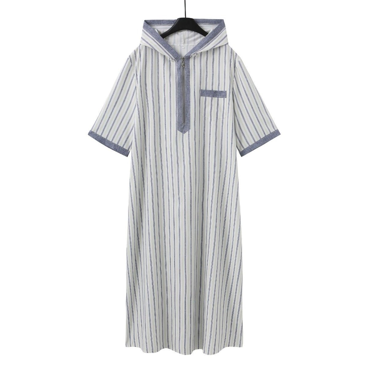 Breathable 3D Digital Print Striped Thobe Men's Loose Fit Short Sleeve Muslim Robe with V - Neck. (MT033) - Mariam's Collection