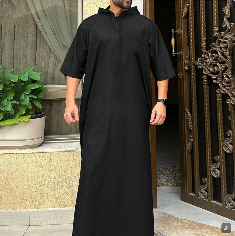 Breathable 3D Digital Print Striped Thobe Men's Loose Fit Short Sleeve Muslim Robe with V - Neck. (MT033) - Mariam's Collection