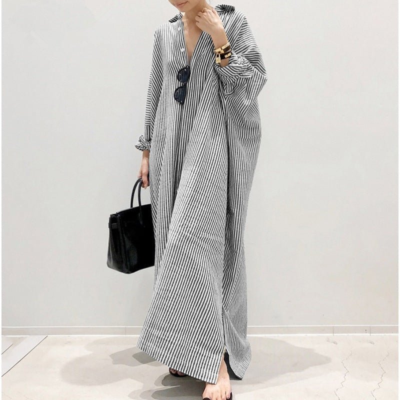 Breathable Stripe Print Loose Fit V - Neck Batwing Sleeve Abaya Dress Maxi Dress with Side Pockets. (MA232) - Mariam's Collection