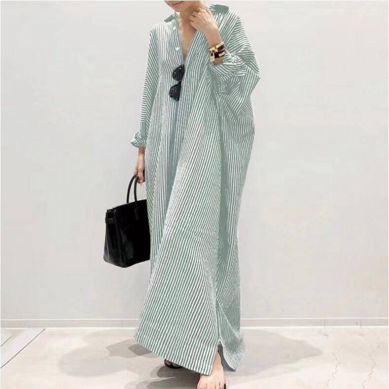 Breathable Stripe Print Loose Fit V - Neck Batwing Sleeve Abaya Dress Maxi Dress with Side Pockets. (MA232) - Mariam's Collection