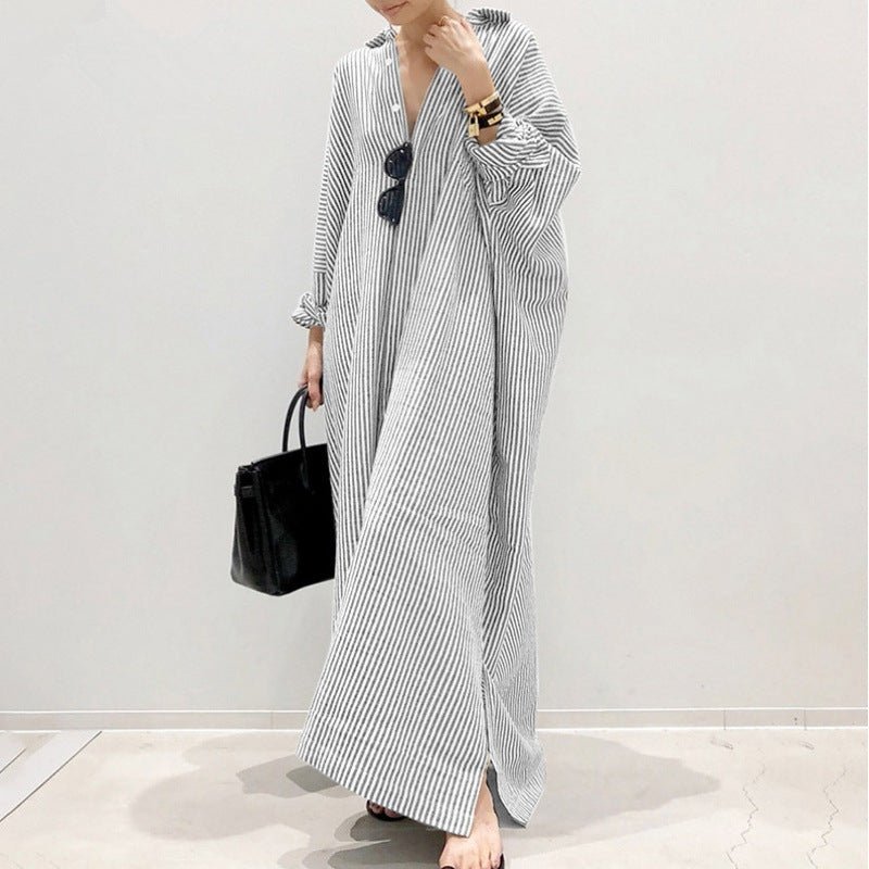 Breathable Stripe Print Loose Fit V - Neck Batwing Sleeve Abaya Dress Maxi Dress with Side Pockets. (MA232) - Mariam's Collection