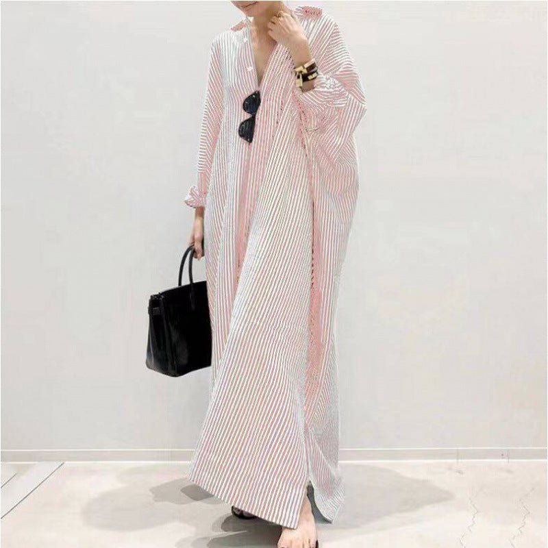 Breathable Stripe Print Loose Fit V - Neck Batwing Sleeve Abaya Dress Maxi Dress with Side Pockets. (MA232) - Mariam's Collection