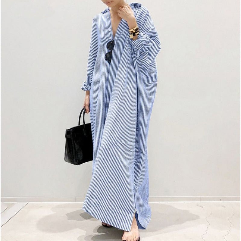 Breathable Stripe Print Loose Fit V - Neck Batwing Sleeve Abaya Dress Maxi Dress with Side Pockets. (MA232) - Mariam's Collection