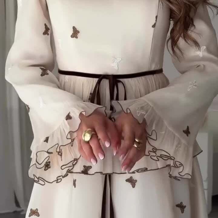 Butterfly Embroidered Maxi Dress | Long Sleeve Peplum Waist Dress(MS274) - Mariam's Collection