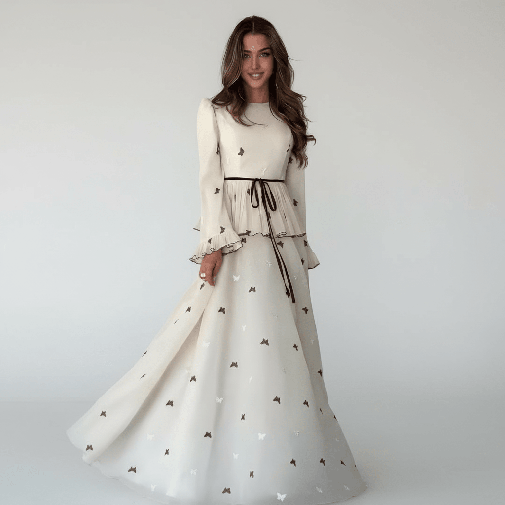 Butterfly Embroidered Maxi Dress | Long Sleeve Peplum Waist Dress(MS274) Butterfly Embroidered Maxi Dress | Long Sleeve Peplum Waist Dress(MS274)