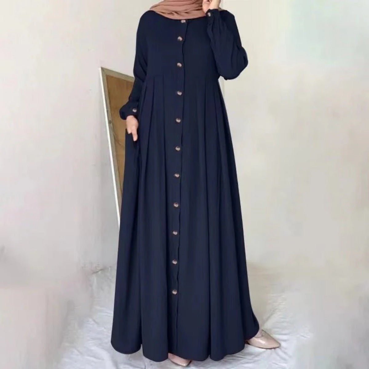 Button - Down Pleated Robe Maxi Dress | Loose Fit Modest Abaya (MA181) - Mariam's Collection