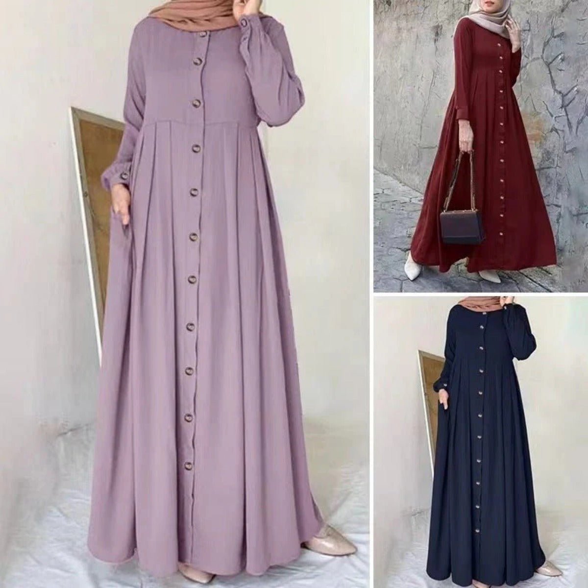 Button - Down Pleated Robe Maxi Dress | Loose Fit Modest Abaya (MA181) - Mariam's Collection