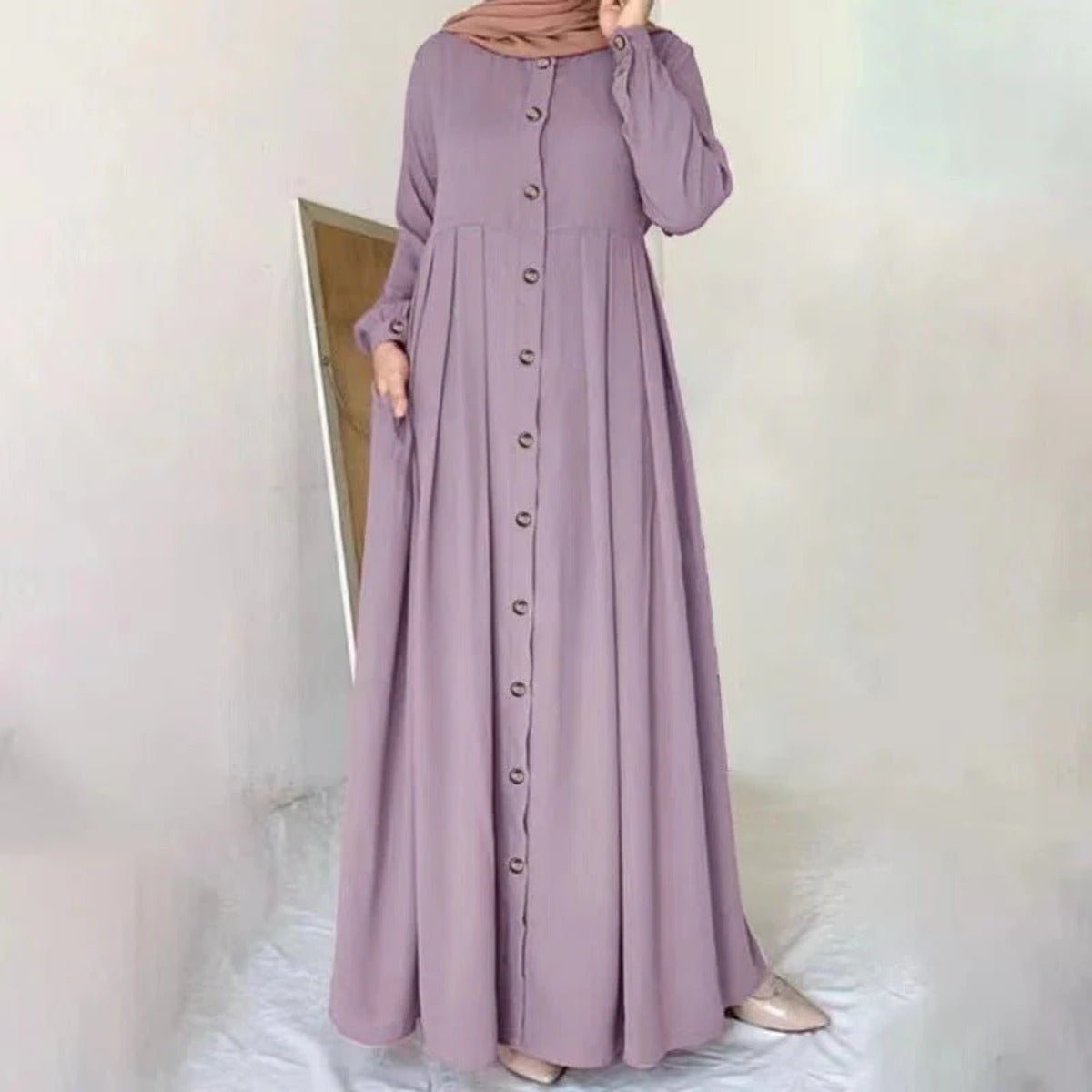 Button - Down Pleated Robe Maxi Dress | Loose Fit Modest Abaya (MA181) - Mariam's Collection