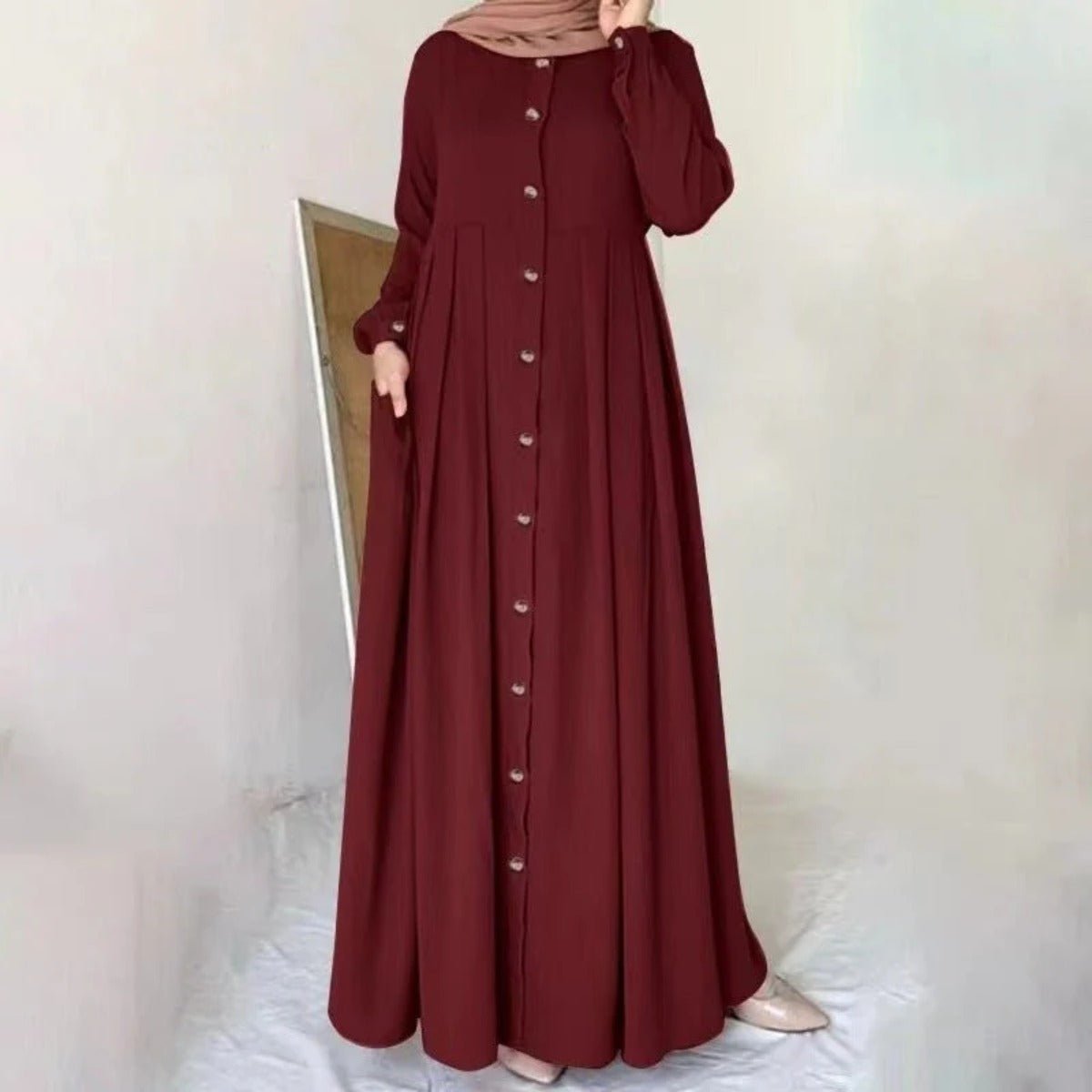 Button - Down Pleated Robe Maxi Dress | Loose Fit Modest Abaya (MA181) - Mariam's Collection