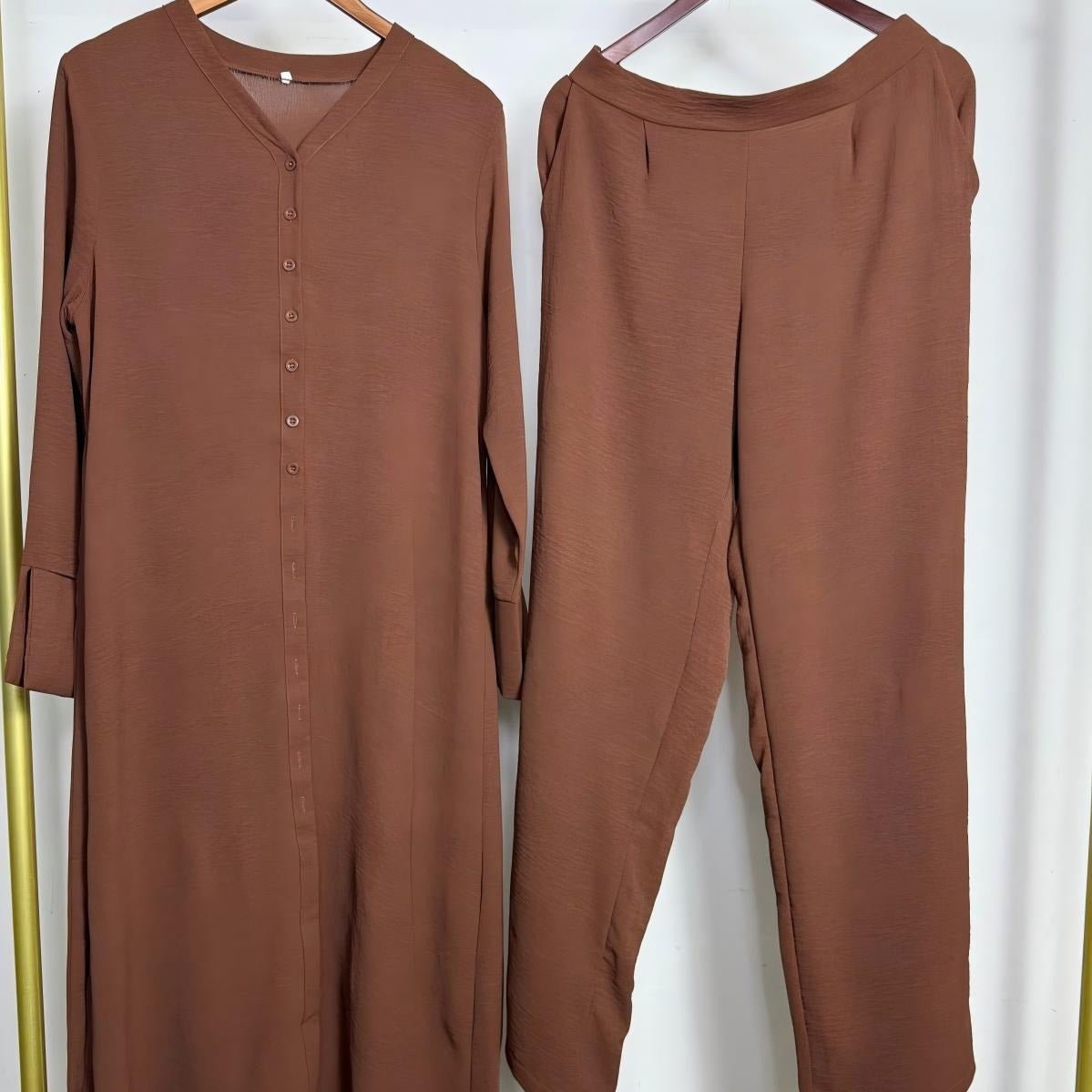 Button-Front Long Top & Wide-Leg Trousers Co-ord Set(MS494) - Mariam's Collection