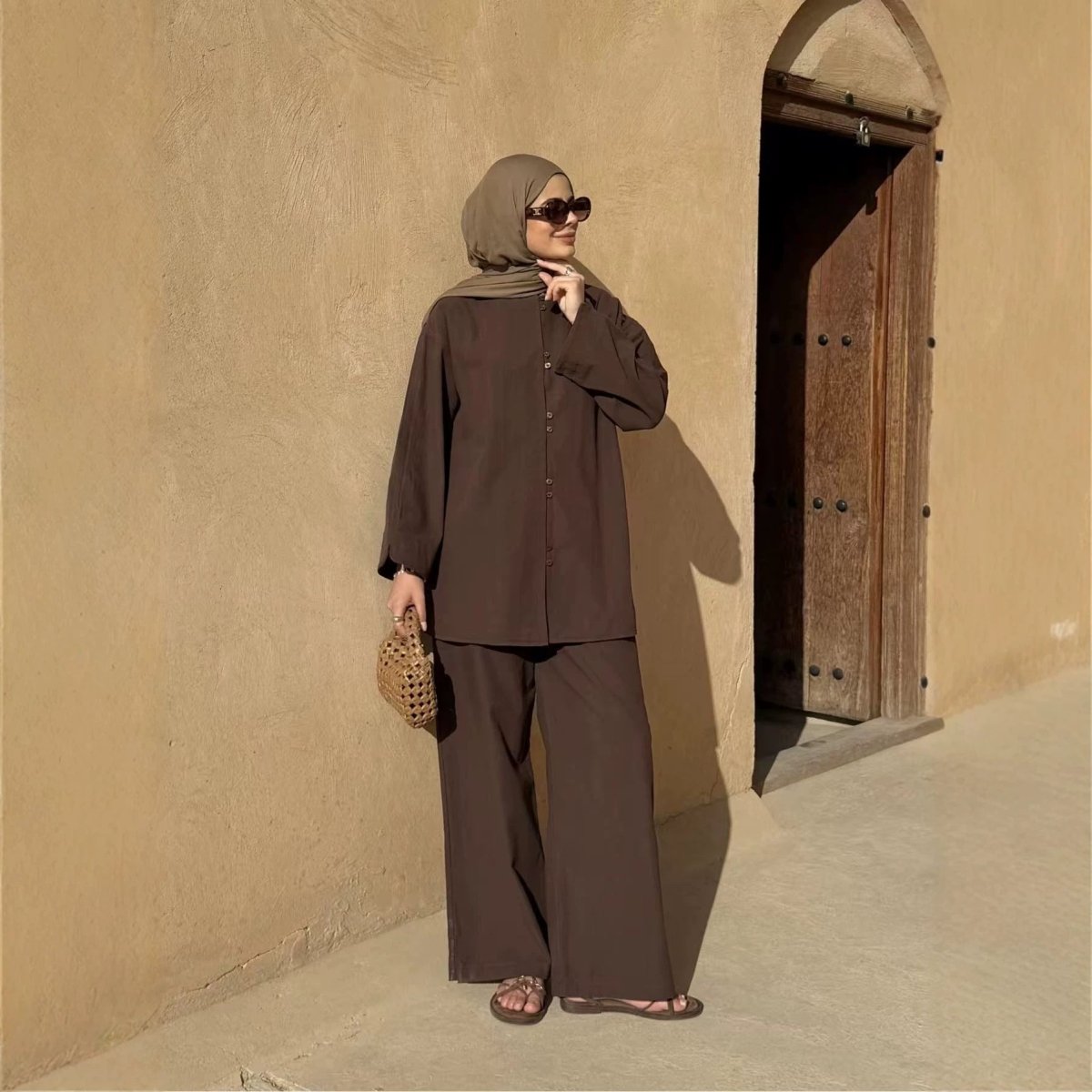 Front view of tonal button placket on longline modest co-ord top