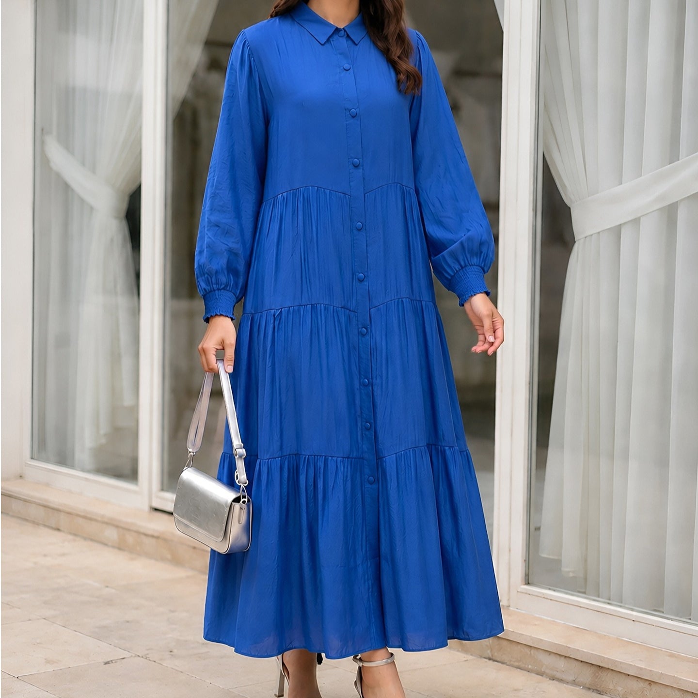 Shirt Collar Button-Down Tiered Maxi Dress(MA465)