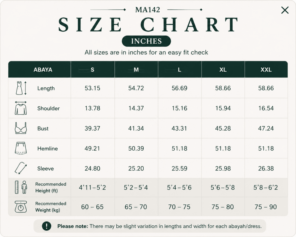 Size chart for candy color pleated nida abaya — dress measurements guide