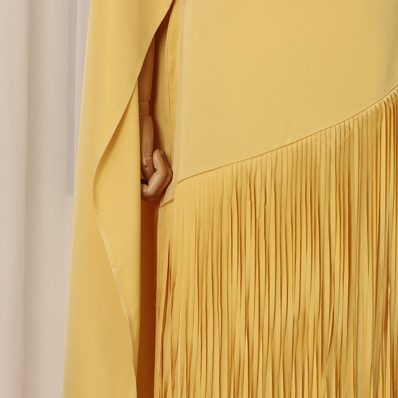 Boat neckline detail of structured golden yellow crepe party abaya