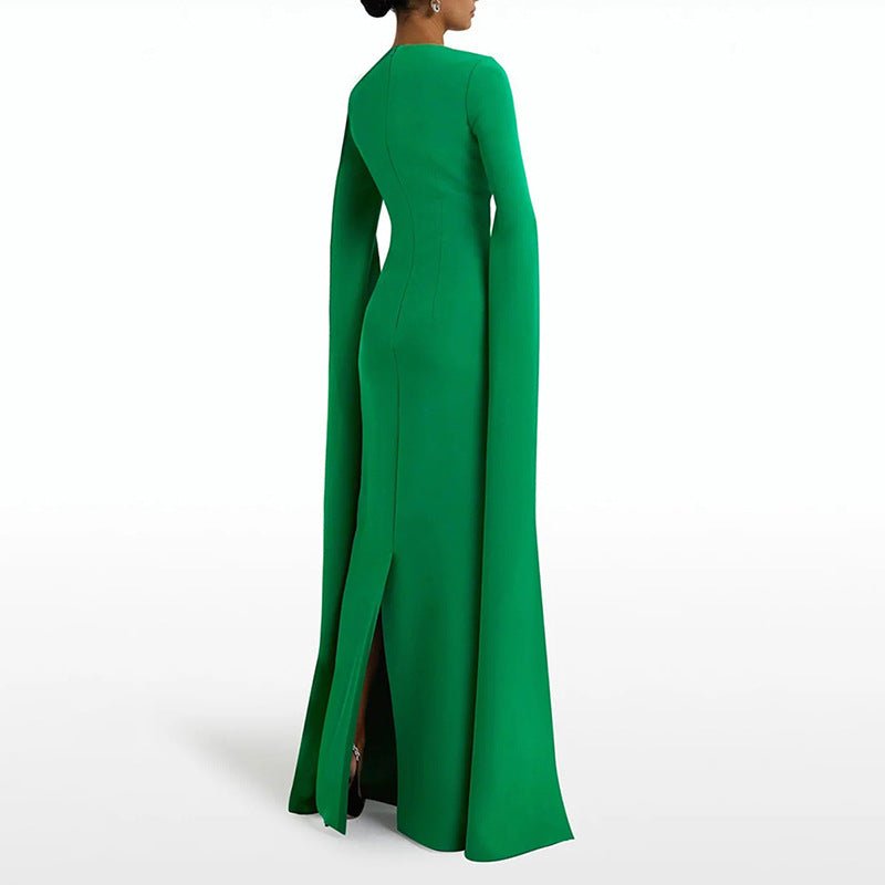 Cape Sleeve Evening Gown | Scalloped Neck Fitted Maxi Dress with Back Slit(MS217) - Mariam's Collection