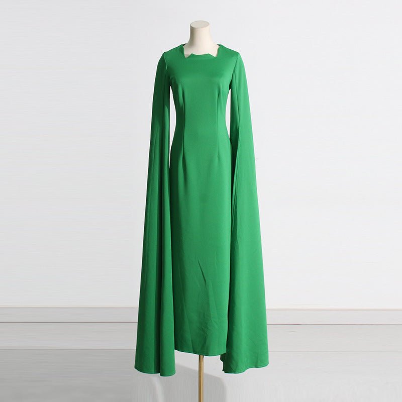 Cape Sleeve Evening Gown | Scalloped Neck Fitted Maxi Dress with Back Slit(MS217) - Mariam's Collection