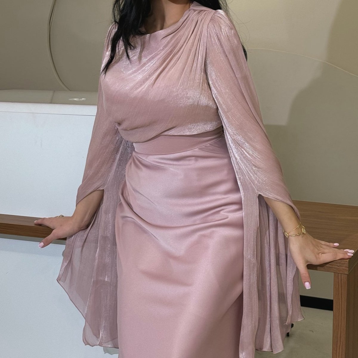 Cape Sleeve Gown with Tie - Back | Fitted Mermaid Maxi Dress(MS230) - Mariam's Collection