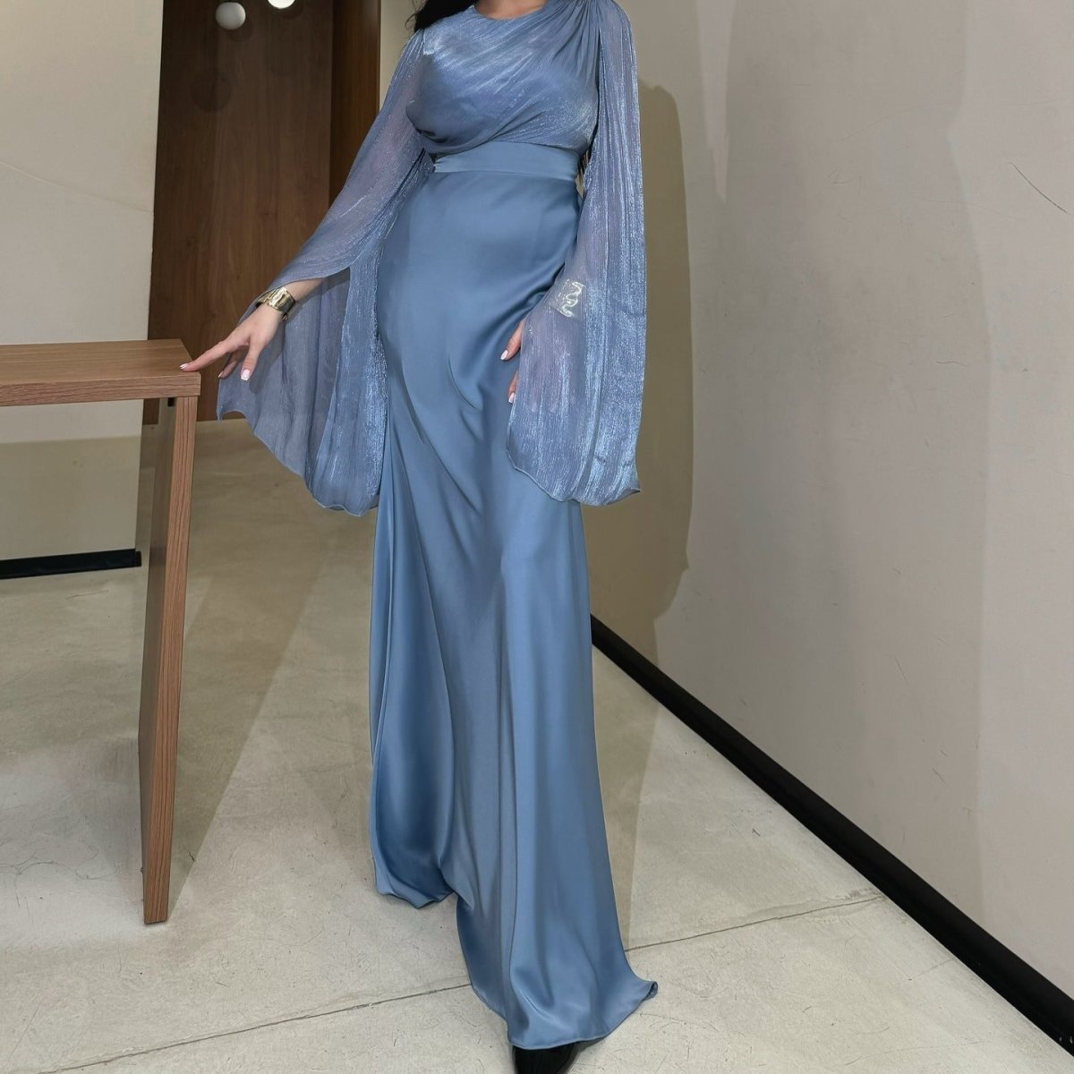 Cape Sleeve Gown with Tie - Back | Fitted Mermaid Maxi Dress(MS230) - Mariam's Collection