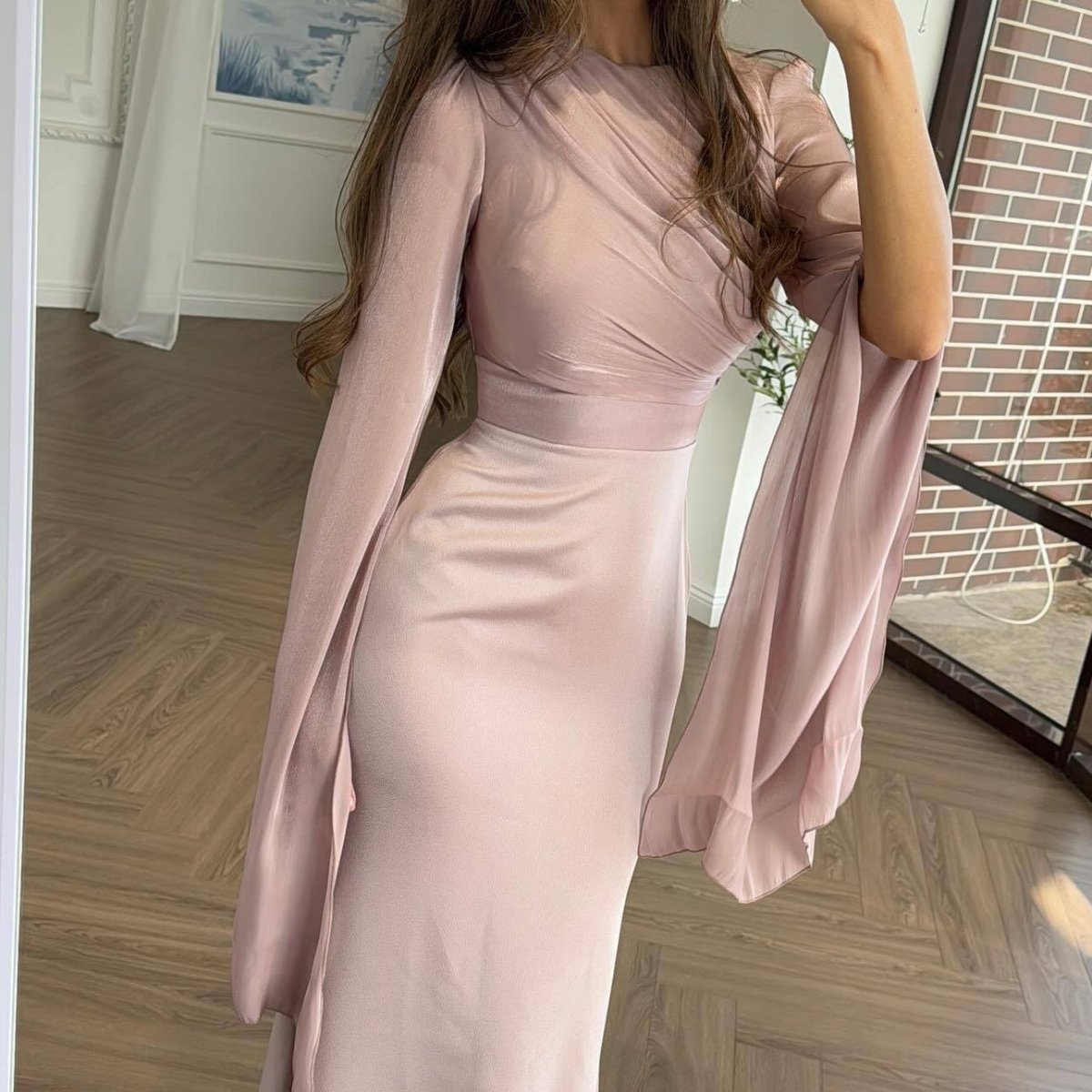 Cape Sleeve Gown with Tie - Back | Fitted Mermaid Maxi Dress(MS230) - Mariam's Collection