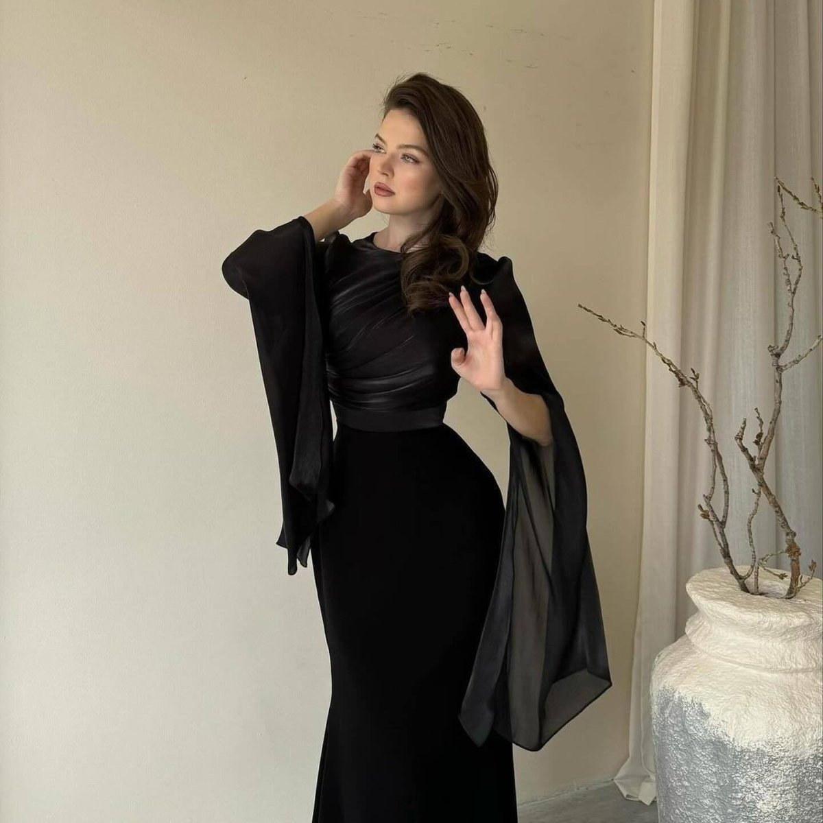 Cape Sleeve Gown with Tie - Back | Fitted Mermaid Maxi Dress(MS230) - Mariam's Collection