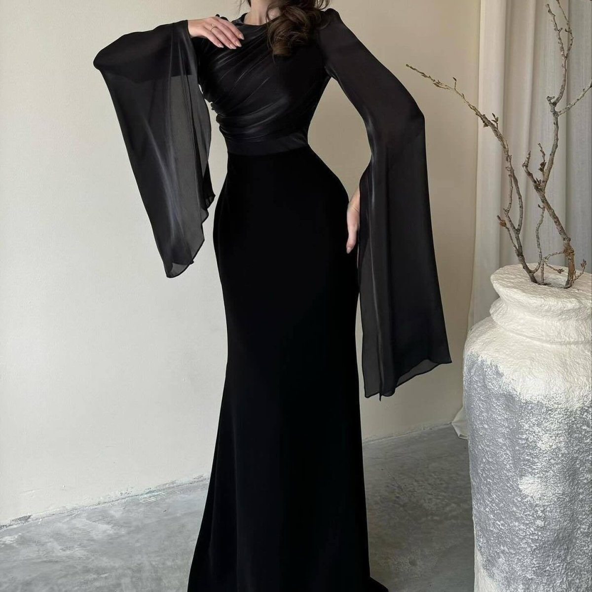 Cape Sleeve Gown with Tie - Back | Fitted Mermaid Maxi Dress(MS230) - Mariam's Collection