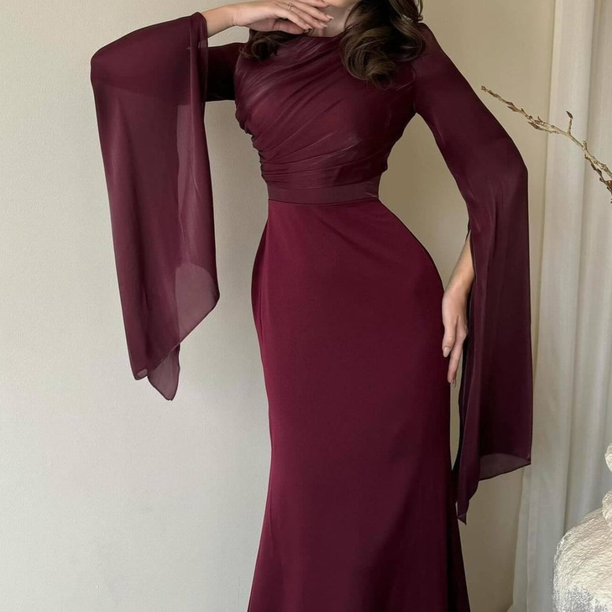 Cape Sleeve Gown with Tie - Back | Fitted Mermaid Maxi Dress(MS230) - Mariam's Collection