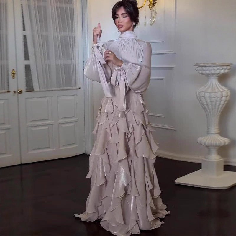Cascading Ruffle Gown | High Neck Tie-Waist Maxi Dress(MS231) apricot / S