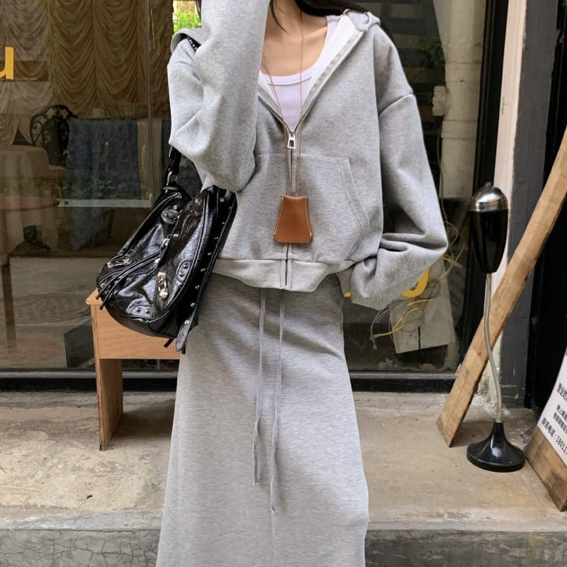 Casual Grey Zip - Up Hoodie & High Waist Drawstring A - Line Skirt Set(MS130) - Mariam's Collection