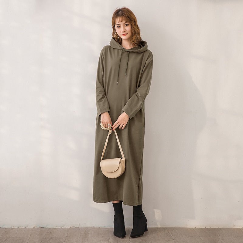 Casual Hooded Maxi Dress with Drawstring | Long Sleeve Split Hem Dress with Pockets(MS118) - Mariam's Collection