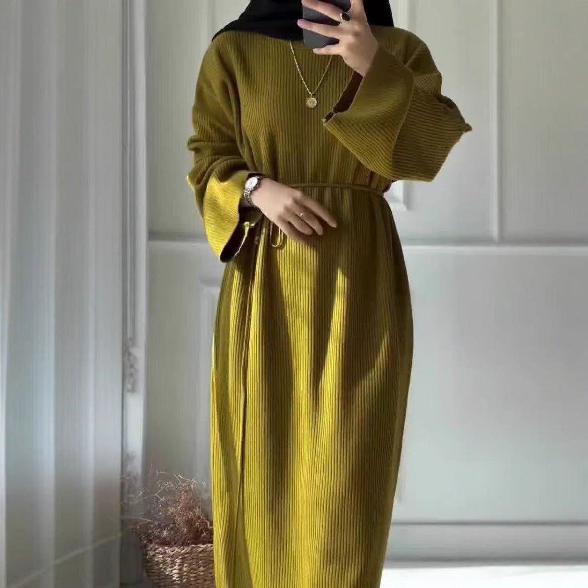 Casual Knitted Modest Dress with Flared Sleeves - Muslim - Friendly Crew Neck Pullover Maxi Dress with Belt(MS104) - Mariam's Collection