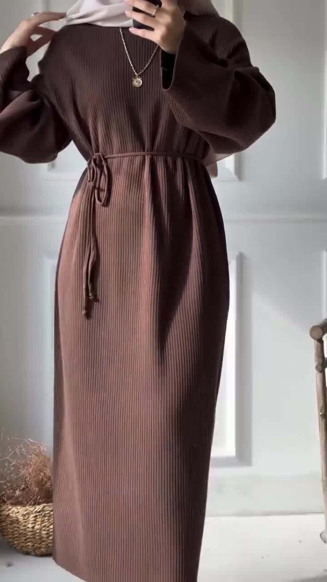 Casual Knitted Modest Dress with Flared Sleeves - Muslim - Friendly Crew Neck Pullover Maxi Dress with Belt(MS104) - Mariam's Collection